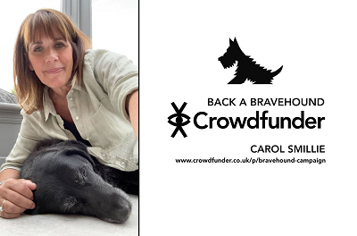 Carol Smillie with her pet dog and the crowdfunder logo
